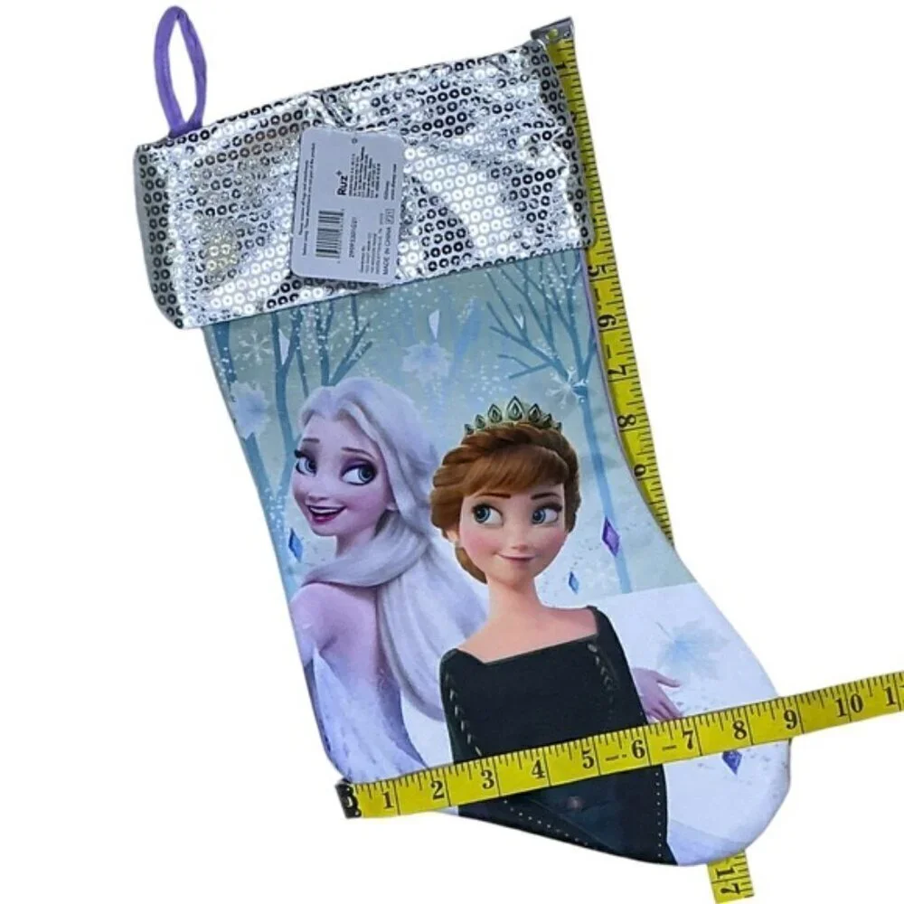 Christmas Stocking Elsa & Anna Disney Frozen Shiny Silver Cuff Lavender 17 in